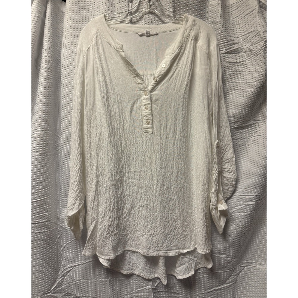 Jane + Delancey Women's White Asymetrical Hem Rolled‎ Sleeve Crinkled Blouse 2X